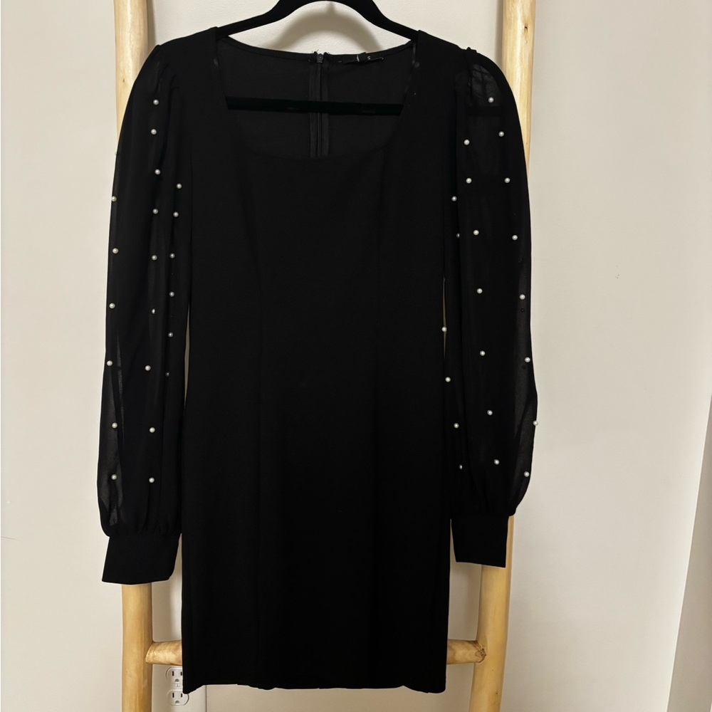 Iris Black Dress with Pearl-Embellished Sleeves